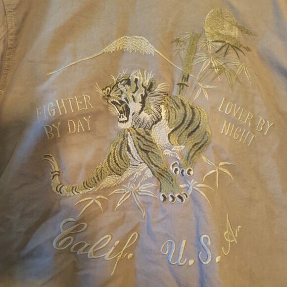 LUCKY BRAND Mens Embroidered Jacket Tiger Military Green Snap Front Pockets - Picture 2 of 16